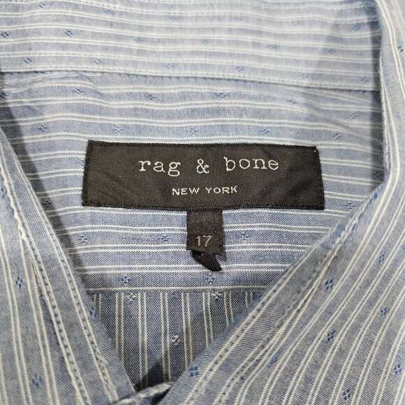 Men's Rag & Bone Blue and White Striped Button‎ Up Shirt Hidden Buttons Size 17 - Picture 5 of 10
